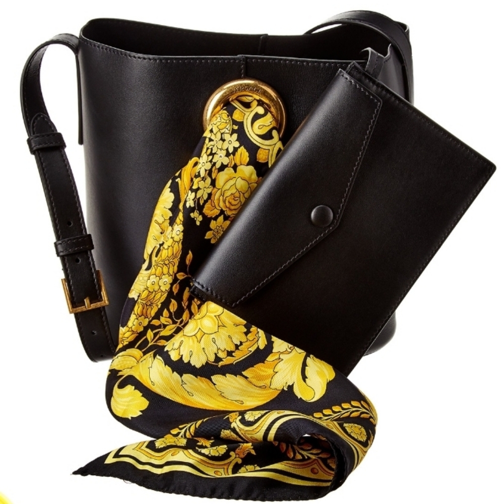 VERSACE BAROCCO LEATHER & SCARF ACCENT BUCKET BAG